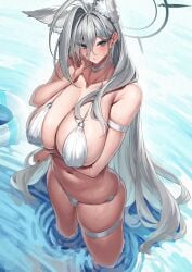 absurdres abydos_high_school_student ahoge alternate_costume animal_ear_fluff animal_ears aqua_eyes arm_strap arm_under_breasts bikini blue_archive blush breasts choker collarbone covered_erect_nipples curvy extra_ears female foreclosure_task_force_(blue_archive) grey_hair halo highres huge_ahoge huge_breasts innertube long_hair looking_at_viewer mismatched_pupils navel outdoors refraction shiroko_(blue_archive) shiroko_(terror)_(blue_archive) solo stomach string_bikini sweatdrop swim_ring swimsuit thigh_strap very_long_hair wading white_bikini white_choker wolf_ears yamanokami_eaka