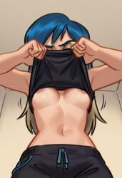 1futa ai_generated areola areolae bangs blonde_hair blue_hair breasts drawstring dutch_angle eve_(summertime_saga) exposed_belly exposed_breasts exposed_midriff exposed_nipples eyebrows from_below furrowed_eyebrows futanari gradient_hair inside lifting_own_clothing lifting_shirt midriff motion_lines navel obscured_eyes obscured_face perky_breasts pockets shirt_lift sleeveless sleeveless_shirt slim_waist small_breasts summertime_saga sweatpants underboob undressing verynormalguy waist wolf_cut