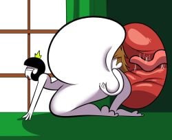 crown green_background huge_ass male/female oboithisisfunky oc on_bed on_fours original original_characters princess princess_applebottom princess_backache rimming tongue_in_anus window x-ray