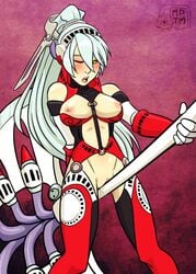 alternate_color artist_name axe blush breasts female grinding labrys large_breasts long_hair masturbation my_pet_tentacle_monster nipples no_panties one_eye_closed open_mouth persona persona_4 persona_4:_the_ultimate_in_mayonaka_arena persona_4_arena pink_background ponytail pussy pussy_juice shadow_(persona) shadow_labrys shadow_self_(persona) solo sweat tied_hair watermark weapon yellow_eyes