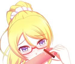 ayase_eli blonde_hair blue_eyes blush censored cum facial female human love_live! love_live!_school_idol_project male mikhail_n penis ponytail straight tied_hair