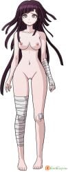 artist_name bandaged_arm bandaged_hand bandaged_leg bandages bare_hips bare_shoulders barefoot breasts closed_mouth collarbone danganronpa danganronpa_(series) danganronpa_2:_goodbye_despair eroeiyuu eyebrows eyelashes feet female female_focus frown full_body functionally_nude gluteal_fold highres large_breasts long_hair matching_hair/eyes mole mole_under_eye navel nipples nude nude_filter official_art purple_eyes purple_hair pussy signature simple_background solo standing third-party_edit toes transparent_background tsumiki_mikan