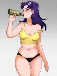 1girls alcohol beer beer_belly beer_bottle blush chubby chubby_female cleavage clothed crop_top drinking female long_hair looking_at_viewer misato_katsuragi navel navel_piercing neon_genesis_evangelion nipple_bulge off_shoulder panties pubic_hair pubic_hair_peek purple_eyes purple_hair ravenemore solo