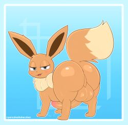 anus aroused ass balls big_butt blue_eyes blush bodily_fluids brown_body brown_fur eevee eeveelution erection feral fur generation_1_pokemon genital_fluids genitals half-closed_eyes hi_res humanoid_genitalia humanoid_penis long_ears looking_at_viewer looking_back male male_only narrowed_eyes nintendo open_mouth pancakesbakecakes penis pokemon pokemon_(species) simple_background solo standing