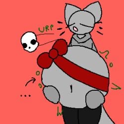 1:1 2023 4-bit after_vore airborne_bone airborne_object airborne_skull aliasing ambiguous_anthro ambiguous_gender ambiguous_pred ambiguous_prey anthro anthro_pred belly belly_squish big_belly biped black_clothing black_legwear black_text bone bone_disposal bow_ribbon burping burping_up_bones burping_up_object burping_up_skull closed_eyes clothed clothed_ambiguous clothed_anthro clothing contextual_arrow death digestion digital_drawing_(artwork) digital_media_(artwork) directional_arrow domestic_cat ears_up ellipsis emily_(tcsrjx) english_description exposed_belly fatal_vore felid feline felis female_(lore) flat_colors floating_whiskers front_view fully_inside fur gift_bow green_text grey_belly grey_body grey_clothing grey_ears grey_face grey_fur grey_neck grey_sweater grey_tail grey_topwear hand_on_belly hand_on_own_belly hands_on_belly hands_on_own_belly hi_res holding_belly huge_belly legs_together legwear long_sleeves mammal monotone_background monotone_belly monotone_body monotone_bow monotone_clothing monotone_face monotone_fur monotone_legwear monotone_neck monotone_ribbon monotone_sweater monotone_tail monotone_topwear motion_lines navel noseless onomatopoeia open_mouth path_lines portrait prick_ears red_background red_ribbon regurgitation ribbon_around_belly same_size_vore simple_background skull sleeves_past_wrists soft_vore solo sound_effects squish sweater tail tcsrjx text three-quarter_portrait topwear unseen_prey vore