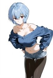 1girls ai_generated alternate_costume blue_hair hands_on_own_hips jeans_shorts leggings navel neon_genesis_evangelion rei_ayanami shoppy short_hair shorts sweater