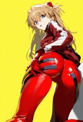 1girls ai_generated ass ass_focus asuka_langley_sohryu booty grabbing_own_ass jacket long_hair looking_back neon_genesis_evangelion orange_hair plugsuit serious shoppy yellow_background