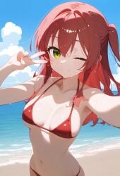 ai_generated athletic_female beach bikini bocchi_the_rock! curvaceous curvy_female green_eyes huge_breasts kita_ikuyo large_breasts light-skinned_female light_skin long_hair looking_at_viewer mako_(artist) oiled_body oiled_skin one_eye_closed peace_sign red_hair side_ponytail smiling solo_female squatting sweat sweatdrop