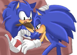 angelofhapiness animal_ears anthro ascot ass bandage blue_arms blush cat_ears clothing drooling erection fellatio footwear fur gloves half-closed_eyes hedgehog looking_down male male_only mammal multiple_males nude open_mouth oral penis quills saliva selfcest sex shoes sitting sonic_(series) sonic_boom sonic_the_hedgehog spread_legs spreading square_crossover standing tongue tongue_out vein veiny_penis video_games yaoi