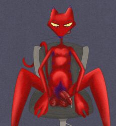 anthro armpit_hair balls bedroom_eyes bodily_fluids body_hair cartoon_network chair courage_the_cowardly_dog darkened_genitalia felid feline foreskin furniture genital_fluids genitals happy_trail hi_res illegaleel katz_(courage_the_cowardly_dog) leaking_precum long_foreskin male mammal narrowed_eyes nipples office_chair penis precum presenting presenting_penis pubes saggy_balls seductive solo spread_legs spreading vein veiny_penis wrinkled_balls