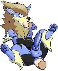 anal anal_sex animal_genitalia animal_penis arcanine balls blue_body blue_fur blue_pawpads bodily_fluids canine_genitalia canine_penis disembodied_penis double_penetration feral fur generation_1_pokemon genital_fluids genitals green_eyes knot low_res male male/male nintendo pawpads penetration penis pokemon pokemon_(species) precum saliva solo steele_loyffy_(character) stomach_bulge transparent_background yutz_(artist)