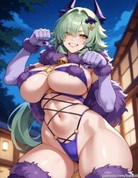 ai_generated ass_visible_through_thighs balecxi caesar_king caesar_king_(zenless_zone_zero) cowboy_shot elbow_gloves female fur-trimmed_gloves fur-trimmed_legwear fur-trimmed_thighhighs fur_collar fur_trim green_hair grin hair_ornament halloween halloween_costume horns large_breasts long_hair looking_at_viewer mash_kyrielight mash_kyrielight_(dangerous_beast) mash_kyrielight_(dangerous_beast)_(cosplay) navel night o-ring outdoors patreon_username paw_pose purple_bikini purple_gloves purple_thighhighs revealing_clothes sky smile solo stomach swimsuit teeth thick_thighs underboob yellow_eyes zenless_zone_zero