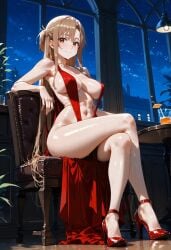 ai_generated athletic_female bare_legs big_breasts brown_eyes brunette_hair crossed_legs dress huge_breasts huge_thighs light-skinned_female light_skin long_hair looking_at_viewer mako_(artist) massive_breasts oiled_body oiled_skin smiling solo_female squatting sweat sweatdrop sword_art_online thick_thighs thighs voluptuous voluptuous_female yuuki_asuna