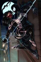 1boy 1girls 2d asian ass big_ass big_breasts black_hair cindy_moon costume emmshin light-skinned_male light_skinned_female long_hair male/female marvel marvel_comics mask masked peter_parker pinned pinned_to_wall silk_(marvel) spider-man spider-man_(black_suit) spider-man_(series) thick_thighs