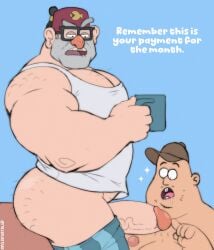 2boys ass big_ass big_butt big_penis body_hair dialogue dilf disney_channel drooling english_text gay gdilf glasses gravity_falls male male/male male_only mature_male muscular muscular_male older_male penis soos_ramirez stanley_pines text tylerstark veiny_penis