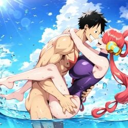 ai-assisted ai_generated beach big_ass big_breasts cum dreson female grabbing hourglass_figure huge_breasts male monkey_d_luffy one_piece scar scar_on_chest sex uta_(one_piece)