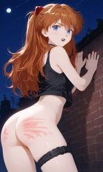 against_wall ai_generated ass ass_focus asuka_langley_sohryu blue_eyes boots booty bottomless choker crop_top from_behind goth goth_girl lipstick midriff navel neon_genesis_evangelion no_panties open_clothes pale_skin petite red_hair skinny spanking tank_top