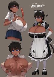 1boy 1girls animal_ears apron black_dress black_hair blue_eyes blush breasts breasts_squeezed_together cat_ears cat_tail cleavage cleavage_cutout clothing_cutout commentary_request cum cum_on_body cum_on_breasts dark-skinned_female dark_skin dress elbow_gloves facominn female food full_body gloves high_heels highres huge_breasts hyper hyper_breasts licking_lips light-skinned_male light_skin maid_headdress mole mole_on_breast multiple_views nipples open_mouth original original_character paizuri penis puffy_short_sleeves puffy_sleeves sausage shirt short_hair short_sleeves smile straight sweat tail tomboy tongue tongue_out top_heavy translation_request white_apron white_gloves white_shirt