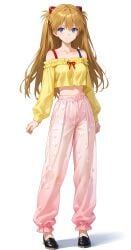 1girls ai_generated alternate_costume asuka_langley_sohryu floral_print full_body long_hair neon_genesis_evangelion orange_hair pants shoppy smile