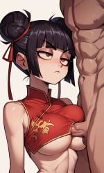 1boy 1girls ai_generated alternate_costume black_hair blunt_bangs china_dress ching_shih_(kosine1777) hair_buns hair_ribbon kosine1777 kosineverse original original_character paizuri penis perpendicular_paizuri red_dress red_eyes titfuck unamused underboob valbun_style