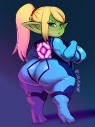 1girls artist_signature beauty_mark big_ass blonde_hair blue_eyes bodysuit chubby chubby_female cosplay fat_ass goblin goblin_female green_skin heels huge_ass huge_breasts ponytail samus_aran short_stack shortstack skin_tight squishcap_(artist) thick_thighs wide_hips zero_suit zero_suit_samus