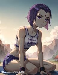 ai_generated blush dc_comics dripping dripping_cum embarrassed embarrassed_nude_female forehead_jewel medium_breasts painted_nails purple_eyes purple_hair raven_(dc) short_hair solo sultralis sultralis870 teen_titans track_suit