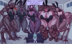 1boy behemoth_(evolve) big_breasts bunny_costume couch_sitting drasai evolve fishnet_legwear goliath_(evolve) gorgon_(evolve) huge_breasts imminent_sex kraken_(evolve) larger_female monster monster_girl multiple_girls saidra smaller_male thick_thighs wraith_(evolve)