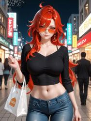 1girls absurd_res ai_generated artist_name big_breasts bigz_ai curvy curvy_figure female female_only highres large_breasts light-skinned_female light_skin long_hair outdoors red_hair solo solo_female teasing video_games wide_hips jeans genshin_impact hoyoverse mihoyo mavuika_(genshin_impact) shopping glasses smile denim midriff belly