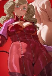 ann_takamaki ass back_view big_breasts blonde_hair blue_eyes gloves persona_5 shexyo skin_tight tail thick_thighs thigh_boots zipper