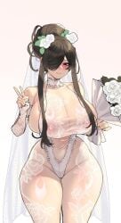 1girls artist_request huge_breasts looking_at_viewer peace_sign thick_thighs voluptuous wedding_dress