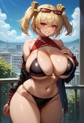 1girls ai_generated big_breasts bikini blonde_hair breasts burnice_white female female_focus female_only hips huge_breasts large_breasts looking_at_viewer navel red_eyes smiling smiling_at_viewer thick_thighs thighs twintails zenless_zone_zero