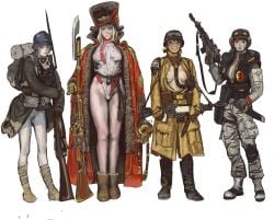 4girls absurdres armageddon_steel_legion armor astra_militarum backpack bag bayonet black_hair blonde_hair blue_eyes boots boots_without_bottomwear bottomless breasts brown_hair cameltoe cleavage coat combat_helmet combat_knife covered_nipples death_korps_of_krieg female female_only female_pubic_hair fur_coat gas_mask gauntlets goggles guardswoman_(warhammer_40k) gun helmet highres holding holding_gun holding_weapon imperial_guard imperium_of_man knife kriegsmarine lasgun leotard looking_at_viewer mask military military_uniform mossa mossacannibalis multiple_girls necromunda_8th_regiment no_pants open_clothes pale_skin pauldrons pink_nipples pubic_hair red_coat sash see-through_clothes shoulder_armor simple_background single_gauntlet smile stahlhelm standing vostroyan_firstborn warhammer_(franchise) warhammer_40k weapon white_background winter_clothes yellow_coat