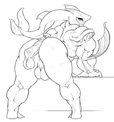 anus ass backsack balls bent_over big_butt boner buttjob disembodied_penis duo erection fish_humanoid greyscale humanoid humanoid_penis hybrid looking_back male male_only monochrome mr_canvas muscular muscular_male nude outercourse penis sidon sidon_(zelda) solo_focus standing thick_thighs vein yaoi