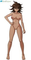 ahoge artist_name bare_arms bare_hips bare_legs bare_shoulders bare_stomach barefoot breasts brown_hair closed_mouth collarbone completely_nude danganronpa danganronpa_(series) danganronpa_2:_goodbye_despair dark-skinned_female dark_skin eroeiyuu eyelashes feet female female_focus full_body gluteal_fold hair_between_eyes hand_on_own_hip highres large_breasts long_hair looking_at_viewer navel nipples nude nude_filter official_art owari_akane pussy signature smile solo solo_focus standing third-party_edit toes transparent_background