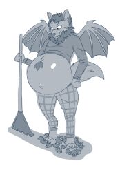 belly big_belly bottomwear clothing cudacore furry hi_res leaf male navel outie_navel pants pregnant pregnant_male rake sweater tools topwear vin_the_bat