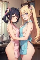 2girls ai_generated apron black_hair blonde_hair blue_eyes brown_eyes