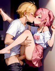 1boy against_wall ai_generated black_bra blonde_hair blush closed_eyes clothed_sex doki_doki_literature_club feet_up female frilled_skirt hairclip kissing legs_up natsuki_(doki_doki_literature_club) partially_nude penis pink_eyes pink_hair pussy pussy_juice sex straight straight testicles toes twintails vaginal_penetration white_shirt