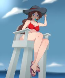 beach bikini blue_eyes brown_hair donkey_kong_(series) female female_only hound_wolf lifeguard lifeguard_chair light_skin mario_(series) nintendo pauline pauline_(mario) popsicle popsicle_in_mouth tagme