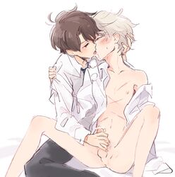 2boys aldnoah.zero blonde_hair brown_hair censored gay handjob human kaizuka_inaho kissing male male_only momoishi multiple_boys penis pointless_censoring saliva scar silver_hair slaine_troyard yaoi