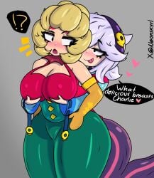 2girls blonde_hair brawl_stars charlie_(brawl_stars) colette_(brawl_stars) huge_breasts neonskyrl short_hair surprised thick_thighs tongue_out touching_breast white_hair yuri