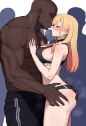 1boy 1girls abs ai_generated anime_nose artist_request background_characters bald blacked_clothing blonde_female blonde_hair coomersucc dark-skinned_male duo_focus eyeless_male female female_focus grabbing gym_clothes hugging human imminent_sex interracial light-skinned_female long_hair male male_nipples muscles muscular_male no_visible_genitalia ntr topless_male