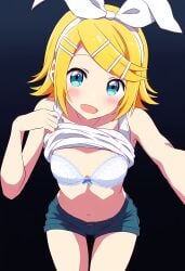 :d ai_generated bangs bare_shoulders blonde_hair blue_eyes blush bow bow_bra bra breasts eyebrows_visible_through_hair female hair_ornament hairbow hairclip kagamine_rin leaning_forward looking_at_viewer navel open_mouth shirt shirt_lift short_hair short_shorts shorts sleeveless sleeveless_shirt smile solo stomach thigh_gap underwear white_bow white_bra white_shirt