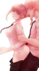 1boy black_necktie black_pants blonde_hair braid chainsaw_man denji_(chainsaw_man) female from_side highres implied_sex long_hair makima_(chainsaw_man) necktie pants pink_hair shirt short_hair shpo sidelocks simple_background single_braid white_background white_shirt yellow_eyes