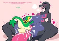 absurd_res ai_generated anthro ass balls belly blush bodily_fluids breasts cum cum_in_pussy cum_inside duo female female_penetrated generation_5_pokemon generation_7_pokemon genital_fluids genitals heart hellsonger hi_res inflation larger_female larger_penetrated looking_pleasured male male/female male_penetrating male_penetrating_female nintendo nude open_mouth penetration penile_penetration penis pokemon pokemon_(species) reptile salazzle scalie sex shiny_pokemon simple_background size_difference small_dom_big_sub smaller_male snivy spread_legs spreading text thick_thighs tongue tongue_out vaginal_penetration