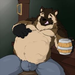 anthro beer_mug belly big_belly bottomwear brown_body brown_fur bulge clothing fur green_eyes gulonine hand_on_belly inside licking licking_lips male mammal mustelid musteline navel pandottermon pants shirtless sitting solo tongue tongue_out vore wolverine