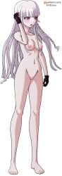 artist_name bare_arms bare_hips bare_legs bare_shoulders bare_stomach barefoot black_gloves blush braid braided_ponytail breasts collarbone danganronpa danganronpa:_trigger_happy_havoc danganronpa_(series) eroeiyuu eyebrows eyelashes female female_focus full_body functionally_nude gloves hand_up highres kirigiri_kyouko leather leather_gloves matching_hair/eyes medium_breasts navel nipples nude nude_filter official_art patreon_username purple_eyes purple_hair pussy signature simple_background solo solo_focus standing teeth third-party_edit transparent_background upper_teeth_only