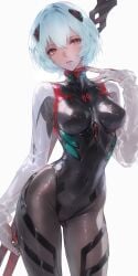 1girls ai_generated blue_hair holding_weapon large_breasts neon_genesis_evangelion plugsuit rei_ayanami shoppy short_hair spear wet wet_clothes