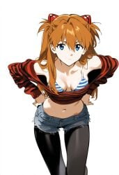 1girls ai_generated asuka_langley_sohryu blue_bikini hands_on_own_hips hanging_breasts jeans_shorts large_breasts leggings long_hair navel neon_genesis_evangelion serious shoppy shorts striped_clothing sweater