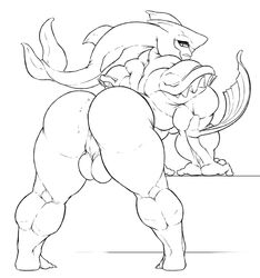 anus ass backsack balls bent_over big_butt breath_of_the_wild fish_humanoid greyscale humanoid hybrid looking_back male male_only monochrome mr_canvas muscular muscular_male nude sidon sidon_(zelda) solo standing the_legend_of_zelda thick_thighs zora