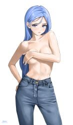 blue_eyes blue_hair chaesu cleavage hand_on_hip handbra jeans long_hair medium_breasts minah navel simple_background topless underboob